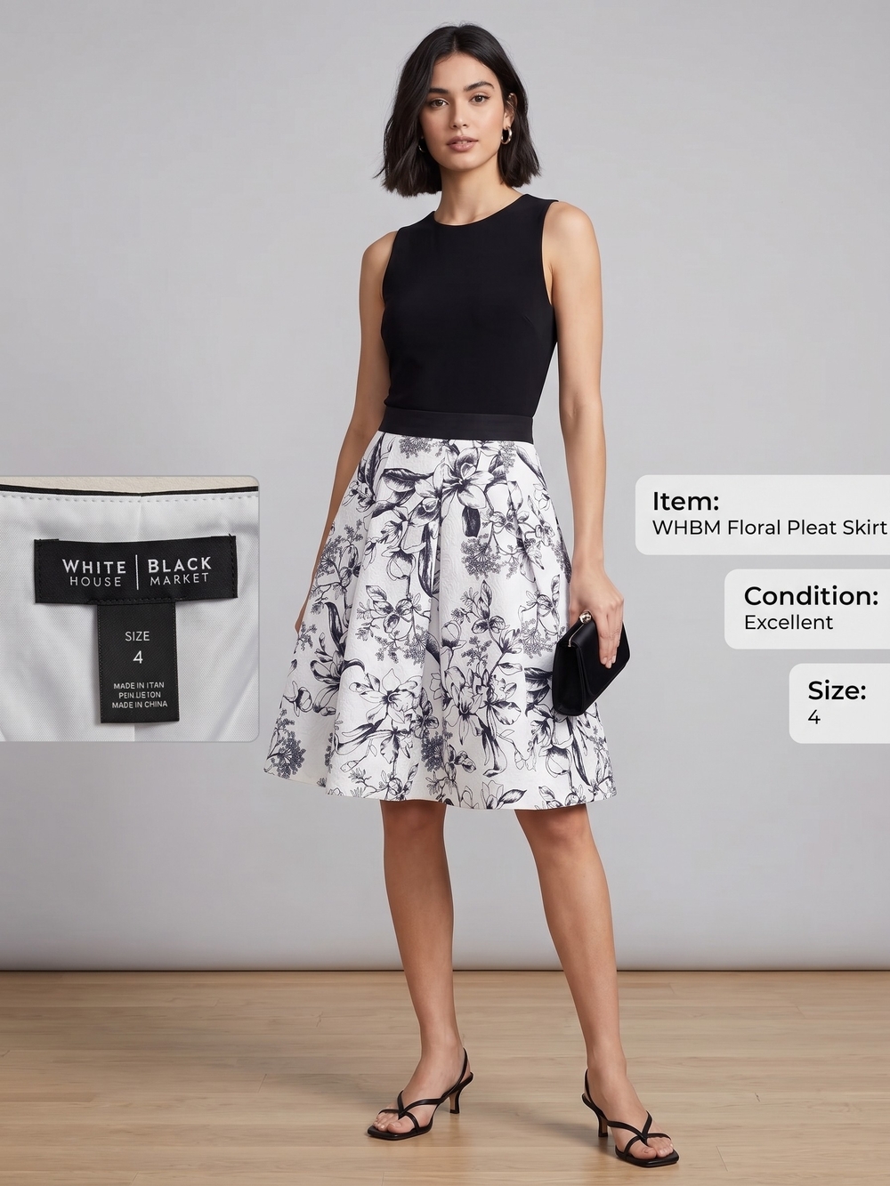 White House Black Market Black & White Floral Fit-and-Flare Skirt